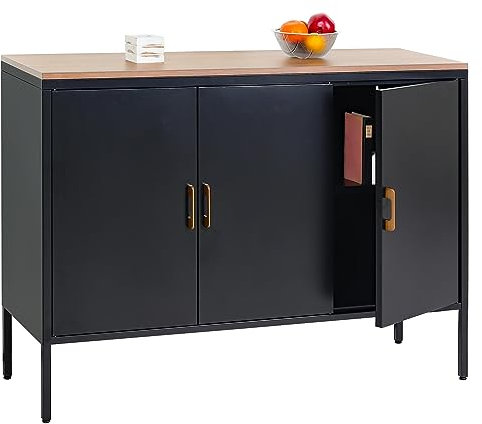 Mendler Kommode HWC-L84, Sideboard Schrank Anrichte, 3 Türen Metall 90x120x40cm, Melamin beschichtet - schwarz