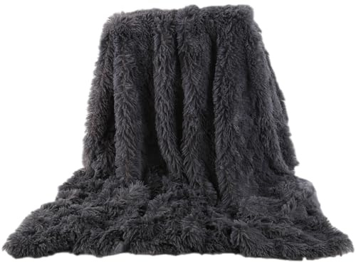 Hggzeg, Coperta a pelo lungo super morbida, elegante e accogliente, in finta pelliccia, decorativa, per divano, sedia e letto (grigio scuro, 130 x 160 cm)