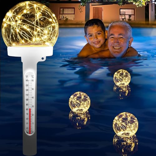 LanBlu Schwimmende Pool Wasser Thermometer,Solar Thermometer Pool Schwimmend mit Warmem Kugellicht,Schwimmbad Thermometer für Pool Nachts Leicht zu Lesen,Schwimmbecken Thermometer für Teich Whirlpool