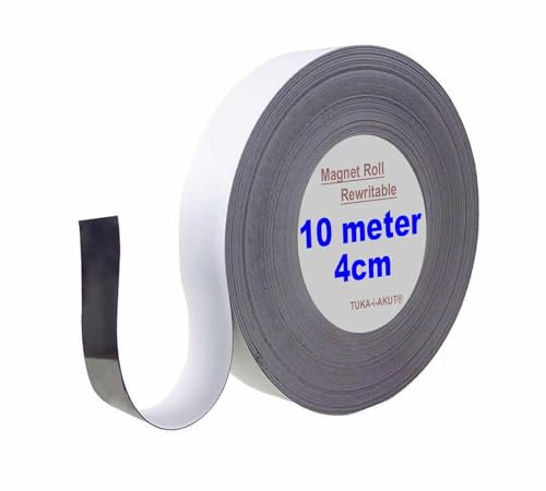 TUKA 10m x 40mm x 1mm Cinta Magnética Reescribible de Etiqueta/Rotular/Marcar, Identificación Imán Rodillo, para Pizarra Blancas, Estante Metálica. Escribir Limpiar Recortar, Blanco TKD9046-4cm