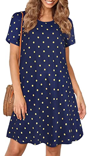 elescat Damen-Sommerkleider 2025, Strand, lässig, ärmellos, Blumendruck, Tanktop, lockeres Sommerkleid mit Tasche, Blau-gelbe Punkte, 3X-Groß