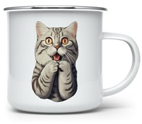 MAXIKIWI Langlebige Emaille-Kaffee- oder Tee-Campingbecher für drinnen und draußen, Überraschungskatze, 350 ml