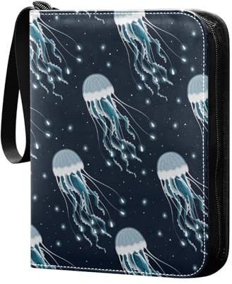 Glowing Jellyfish Trading Card Album 4 Pockets Card Folder 50 Pages 400 Cards PU Zipper Card Binder Storage Holder for Sports Game Card