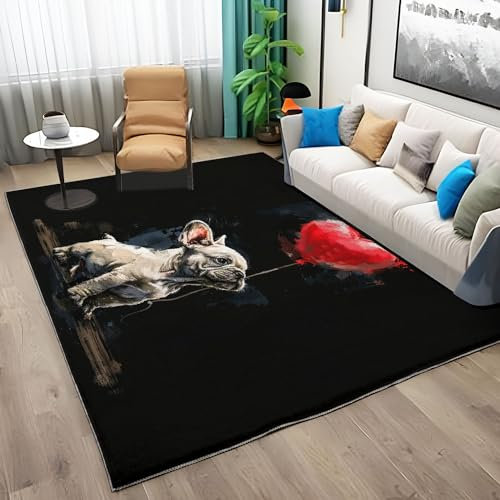 Quixora Tiere Hund Mops Ballon Design Teppich Weich Kurzflor Wohnzimmerteppich rutschfest Waschbar Schlafzimmer Bettvorleger Schwarz Teppich Waschbar in Waschmaschine, Pflegeleicht 80x150 cm