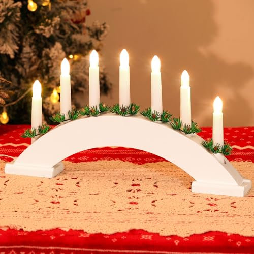 Lewondr Kerzenleuchter Weihnachten, Flammenlos 7 Kerzenlichter, Dekorativ LED Bogen Weihnachten Holz Weihnachtslichter Fensterbank, USB-betrieben Kerzenbrücke Schwibbogen für Advent Innen, Weiß
