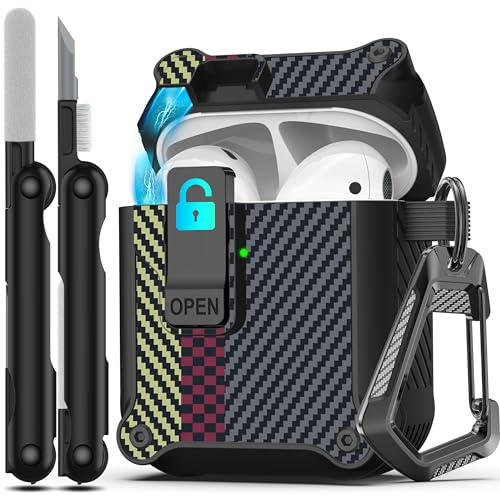 RFUNGUANGO Kompatibel mit Airpods 2 Hülle, automatisches Pop-up mit Sicherheitsverschluss-Clip, stoßfeste Ganzkörper-Hartschale mit Schlüsselanhänger,Carbon Fiber Gray