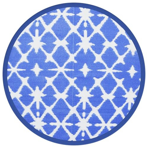 vidaXL Outdoor Teppich, Gartenteppich Rund Beidseitig, Balkonteppich Terrassenteppich UV-beständig, Teppich für Balkon Terrasse, Blau Weiß Ø160cm PP