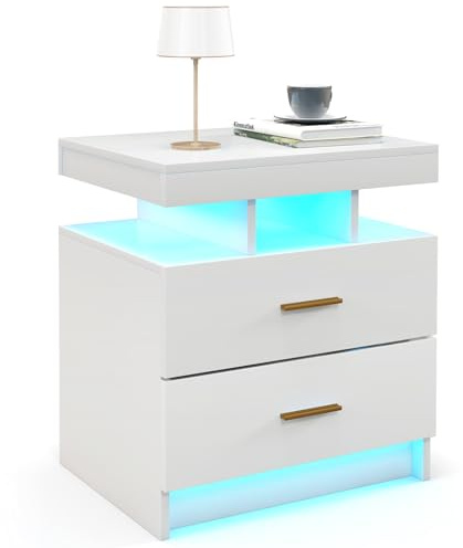 COSTWAY Nattbord med LED-belysning, sängskåp, högglans, sidobord med 2 lådor och justerbara färger, soffbord, nattduksbord för sovrum, vardagsrum, 50 x 40 x 58 cm (vit)