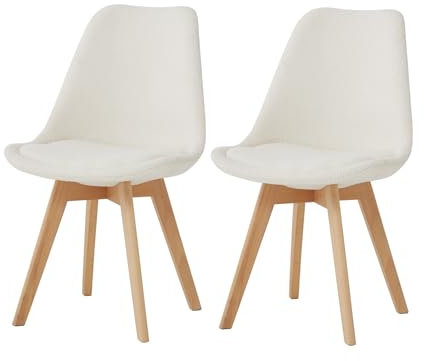 JZGORC Lot de 2 Chaise de Salle à Manger, Chaise de Cuisine Rembourrée en Velours Granulaire, Chaise de Salon avec Pieds en Hêtre Massif, Convient pour Chambre à Coucher, Salon, Cuisine – Blanc