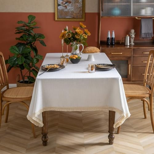 Homxi Tischdecke Wohnzimmertisch Rechteckige 140 W x 180 L cm,Tischwäsche Tisch Weiß Einfarbig mit Quaste Polyester Garten Tischdecken für Draußen