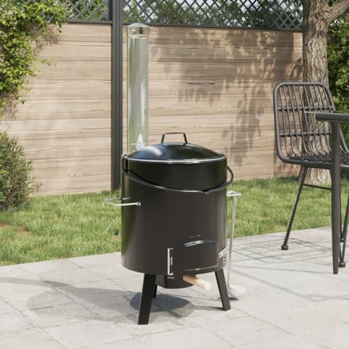 Homgoday Cannone per gulasch con camino e coperchio, in acciaio smaltato nero, griglie per esterni, griglie per esterni