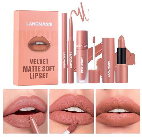 3 in 1 Matte Samt-Lippenstift-Set, 3Pcs Matte Lippenstift + Matte Flüssig-Lippenstift + Lip Liner Set, Samtiger Lippenstift Lang anhaltender Lipgloss Make Up Geschenkset (#02, 1er-Packung)