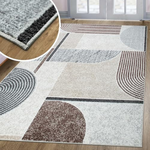 oKu-Tex Teppich Wohnzimmer | Harmonia | Wohnzimmerteppich | modernes Muster | Skandi Design | Kreise | Hoch-Tief-Effekt | Beige | 80 x 150 cm
