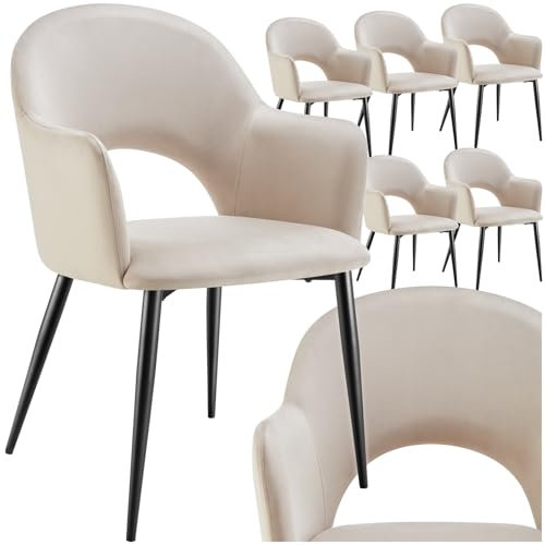 tectake® 6er Set Armlehnstuhl in Samtoptik, gepolsterte Esszimmerstühle, bis 120 kg belastbar, Stühle Esszimmer mit komfortabler Polsterung, Küchenstuhl, Esszimmerstuhl mit Stahlbeinen - Creme