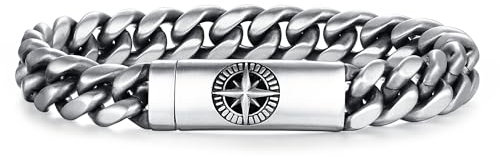 GAVU Kompass Armband für Duftöl und Parfum mit silberner Panzerkette aus Edelstahl für Herren
