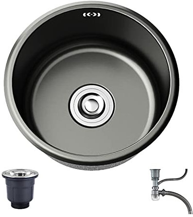 Fregadero redondo de acero inoxidable negro con grifo para bar, cocina, balcón, 40 x 40 cm