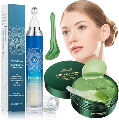 3 Stück Koffein Augenserum Caffeine Eye Serum mit 360° Massageball Caffeine Eye Enhance Roller Creme Caffeine Eye Roller Serum für Dunkle Kreise und Schwellungen Reduzieren Falten
