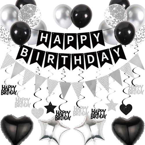 Deko Geburtstag Ballons Girlande Set - 61 Stück Geburtstagsdeko mit Happy Birthday Banner Luftballons Hängende Wirbel, Geburtstags Party Dekoration für Frauen Mann (Schwarz Silber)