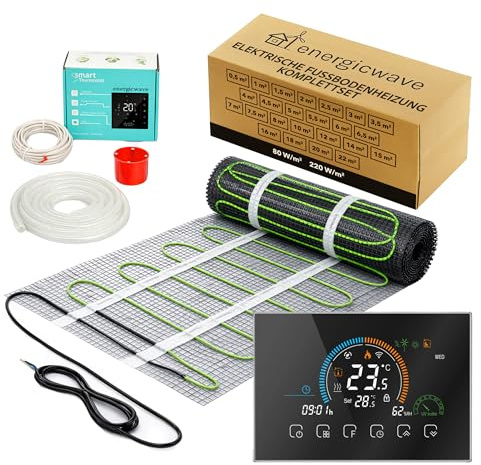 Elektrische Fußbodenheizung 150 W/m² – Heizmatte Komplettset mit WLAN-Thermostat, Fußbodenheizmatte für Fliesen, Steinzeug, Steinböden – 7m²