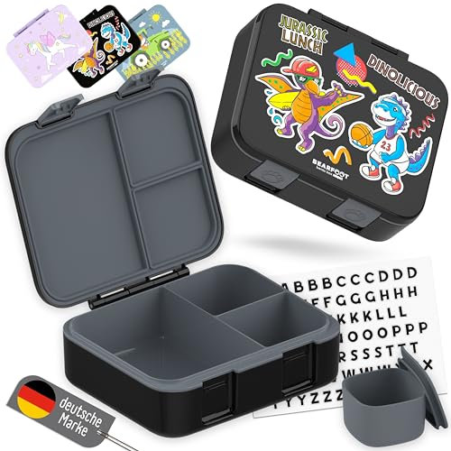 BEARFOOT Bento Box COMPACT | BPA-freie Kinder Brotdose für Schule & Kindergarten | Auslaufsichere Lunchbox für Mädchen & Jungen | Praktisch, leicht & kompakt (Dinos-schwarz, 1.000ml)