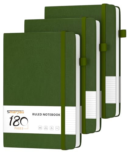 Smarpau 3 Stück Notizbuch A5, Hardcover Liniert Journal Buch mit 180 Seiten, Premium 80gsm Tintenfestes Papie Dickes, Leder Notizbucher für Frauen Männer Arbeit Büro Schule, 14.5 x 21cm-Dunkelgrün