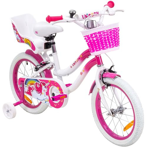 Actionbikes Kinderfahrrad Unicorn 16 Zoll - Kinder Fahrrad für Mädchen - Ab 4-7 Jahren - V-Brake Bremse - Kettenschutz - Luftbereifung - Fahrräder - Laufrad - Kinderrad (16 Zoll Unicorn)