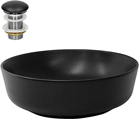 LuxeBath Waschbecken Keramik rund Ø 400 x 135 mm Schwarz mit Ablaufgarnitur Schwarz, Aufsatzwaschbecken für Badezimmer/Gäste-WC, Aufsatzbecken Waschtisch Waschschale Waschplatz Handwaschbecken