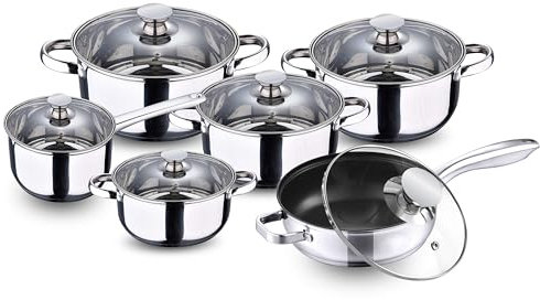 Crystals 12Pcs Induction Stainless Steel Cookware Set with Glass Lids – Mirror Polished Casseroles, Saucepans & Stockpots – Oven & Dishwasher Safe Kitchen Cookware (Design - 3)