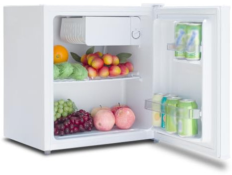 Techomey Nevera Pequeña de 46 Litros, Silencioso y Frigorificos Pequeños con Puerta Reversible, Mini Neveras con Estante y Cajón para Habitacion, Dormitorio, Cocina y Oficina, Blanco
