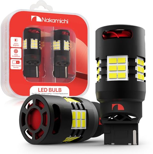Nakamichi T20 7440 7441 7444 (W21W) Car LED Bulb 30-SMD 3020 Chip with Canbus Error-Free 12,000 RPM Fan for Brake Turn Signal Indicator Reverse Backup Tail Light (Xenon White, 30 LEDs, Pack of 2)