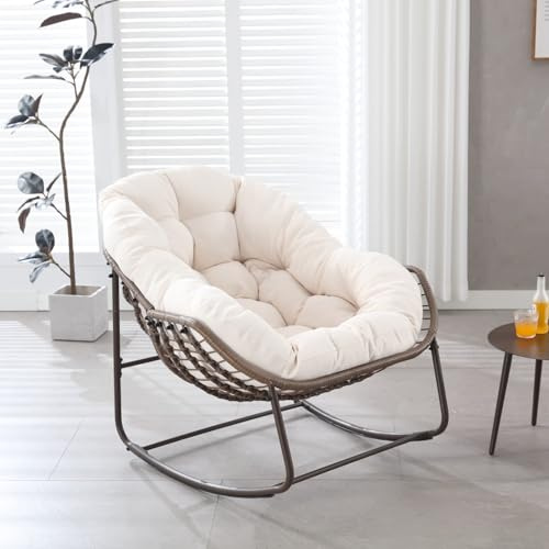 KOMHTOM Schaukelstuhl aus Rattan, für den Außenbereich, Gartensessel, Schaukelstuhl, mit Kissen, Metallstruktur, für Veranda, Wohnzimmer, Terrasse, Garten (weiß)