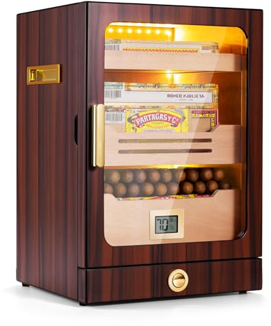 Zigarrenhumidor-Schrank mit 3 Regalen aus spanischem Zedernholz, Hygrometer, Befeuchter und Schublade für Zigarrenzubehör, große Tisch-Zigarrenkiste mit 150 Fächern für Zuhause und Büro (Braun)