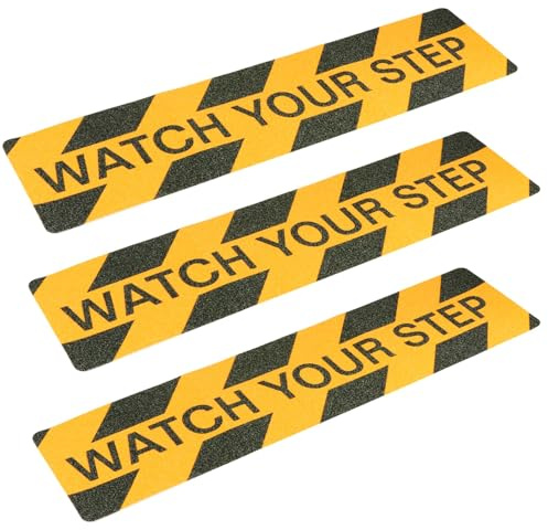 Watch Your Step Floor Sticker - 3 Pack 15 x 60 cm（6 x 24 ） | Anti slip warning decal, self adhesive yellow black safety sign for steps, stairs, ramps, entrance, indoor outdoor