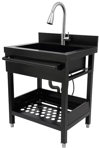 Évier de cuisine autoportant, en acier inoxydable, 65 x 50 x 90 cm, extra large, simple, avec robinet extensible, pour buanderie, restaurants, noir