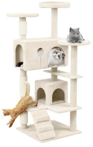 YUENFONG Kratzbaum Katzenbaum 130cm hoch Kratzbäume mit Sisal-Seil, Katzenmöbel mit 2 Katzenhaus, Katzenspielzeug inkl. Plattformen Höhle für Katzen, Beige