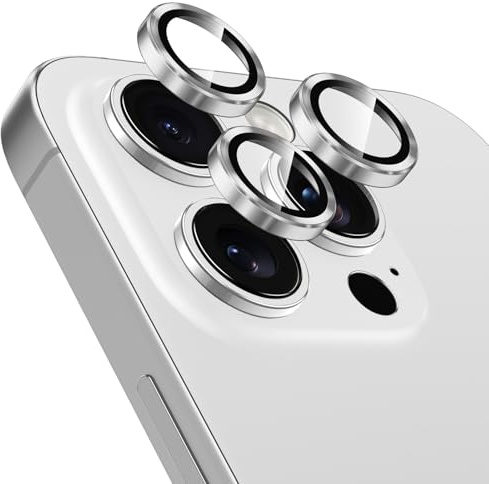 Coiwxmoi Protezione Fotocamera per iPhone 16 Pro/16 Pro Max,Durezza 9H Vetro Temperato Posteriore Copri Telecamera & Anello in Metallo,Pellicola Proteggi Obiettivo HD Chiaro Anti-graffio Lente,Argento