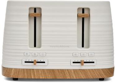 Morphy Richards Clay 4 Slice White Toaster, Wide Slots, High Lift, Anti-Slip Rubber Feet, Removable Crumb Tray, Cancel, Reheat, Defrost, Integrated Cord Storage, China Clay, 243102