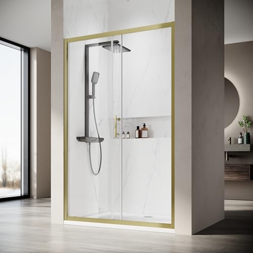 SONNI Schiebetür für Nische aus 5 mm ESG-Glas, Gold, 120x185 cm Duschtüren | Leichtgängiges Schiebesystem, einteiliges Aluminiumprofil in Goldoptik, Edelstahl-H-Griff, beidseitig montierbar