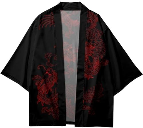 Brxmpn Kimono De Samouraï Rouge Dragon Chinois, Cardigan Traditionnel Japonais Yukata Unisexe Streetwear Robe D'été Légère Imprimée