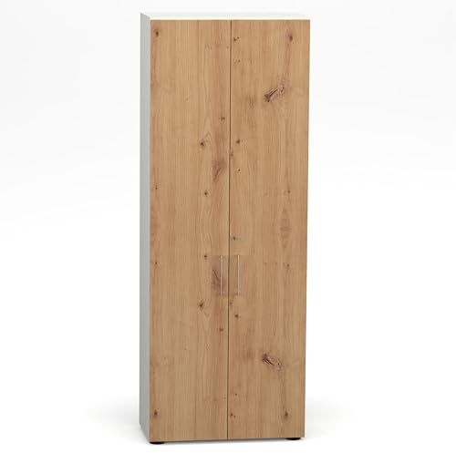 Flügeltürenschrank Cabino 80×42×216 cm – abschließbarer Aktenschrank 6OH in Weiß/Asteiche mit 110° Drehtüren & Metallgriff
