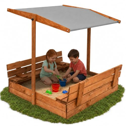 SPRINGOS Sandkasten Holz 120x120 cm mit Dach, Kindersandkasten Braun-Grau | Sandbox aus imprägniertem Nadelholz, verstellbares Sonnendach, klappbare Abdeckung, Kinder-Spielspaß für Garten und Terrasse