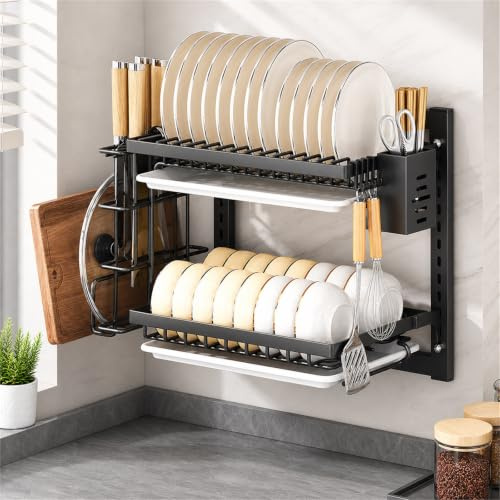 Fooceoute Escurreplatos Pared,Escurridor De Platos con Bandeja,Estanteria Pared Escurreplatos,PrevencióN De La DeformacióN,Puede Contener Cubiertos,Platos PequeñOs Y Tazas