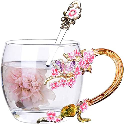 YBK Tech Creative Flower - Tazza da tè in vetro con motivo floreale in cristallo, in confezione regalo, motivo: farfalla viola e fiori di prugno, piccola, 320 ml