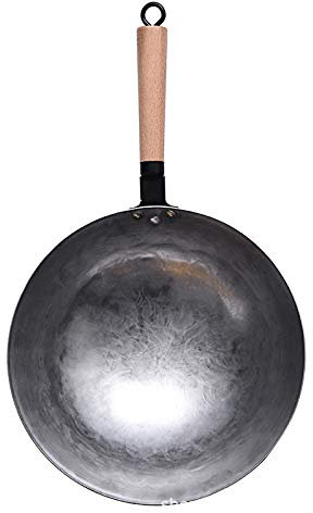12.5 Inch Hand Forged Wok Pan, Traditional Hand Hammered Carbon Steel Pow Wok with Bamboo Handle and Steel Helper Handle (12inch)