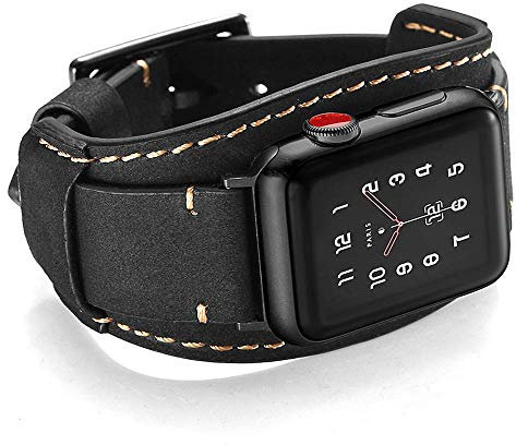 Leotop Compatible with Apple Watch Strap 49/46/45/44/42mm(Series 3 2 1),Genuine Leather Band Bracelet with Stainless Steel Buckle Compatible iWatch Ultra/Ultra 2 Series 10/9/8/7/6/5/4/3/2/1 SE (Black)