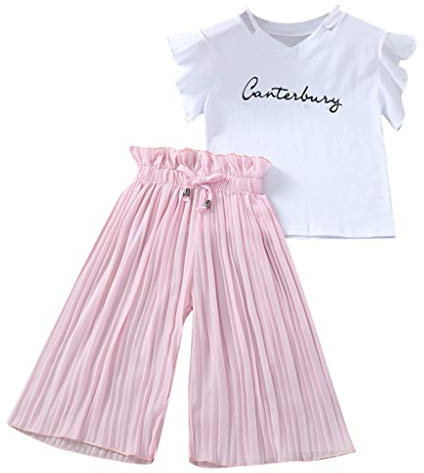 Xmiral Kinder Kinder Mädchen Kurzarm Outfits Brief T-Shirt + Breite Beinhosen Baby Sommer Tops Hosen 2er Kleidung Set(Rosa,5-6 Jahre)