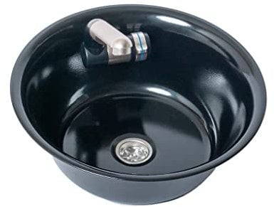 Edelstahl Spülbecken schwarz Camping Wohnmobil Reisemobil Spüle Waschbecken Boot Yacht 32 cm Ø integiert mit Wasserhahn 12V Barwig (ad-ideen)