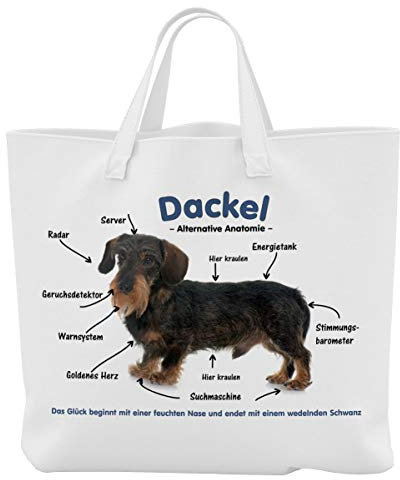Merchandise for Fans Einkaufstasche - 50 x 38 cm, 19 Liter Schwarze Henkel - Motiv: Dackel/Teckel/Dachshund Alternative Anatomie - 01