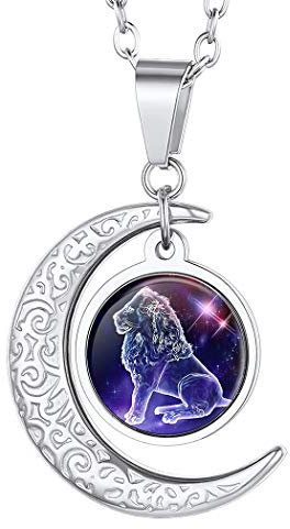 Suplight Unisex Collier Sternzeichen Löwe Halskette Damen Horoskop Sternbilder Halbmond Anhänger 50+5cm Edelstahl Rolokette Tierkreis Modeschmuck für Männer Frauen