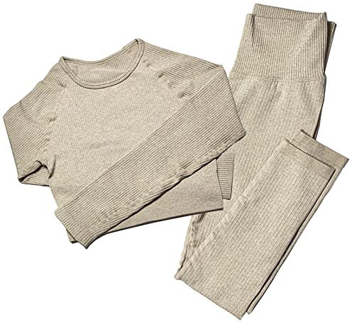 Mayround Nahtloser Frauen Yoga Anzug 2 Teilig Gerippt | Langärmliges Oberteil und Hohe Taille Leggings Gym Kleidung Set | Sportswear-Set für Damen (Khaki, XS)